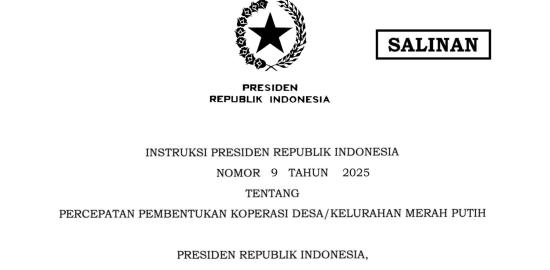 Inpres 9/2025 tentang Percepatan Pembentukan Koperasi Desa/Kelurahan Merah Putih