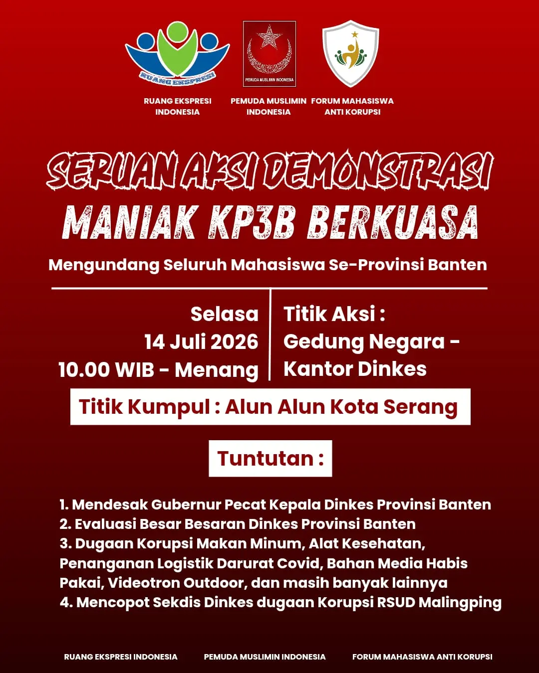 Dugaan Korupsi di Dinas Kesehatan Banten dari Tahun 2020, Mahasiswa Akan Gelar Demo