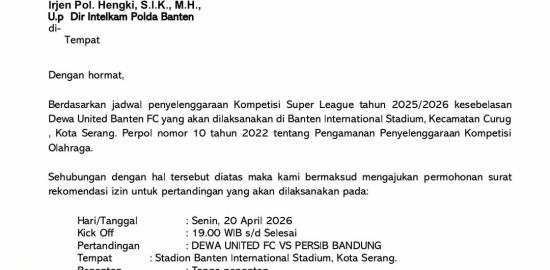 Laga Dewa United vs Persib Digelar Tanpa Penonton, Polda Banten Siapkan Pengamanan Ketat