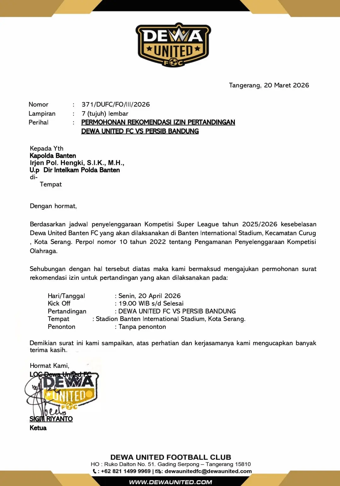 Laga Dewa United vs Persib Digelar Tanpa Penonton, Polda Banten Siapkan Pengamanan Ketat