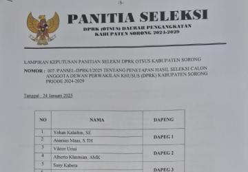 Panitia Seleksi DPRK Otsus Kabupaten Sorong Tetapkan Hasil Seleksi Anggota DPRK Periode 2024-2029