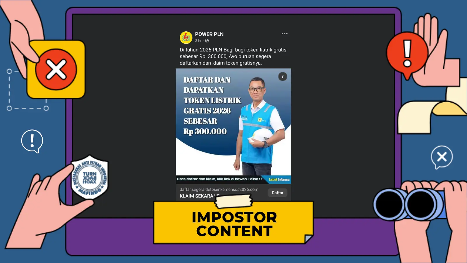 [PENIPUAN] Tautan Pendaftaran Token Listrik Gratis Rp300 Ribu Tahun 2026 Mencatut Nama PLN