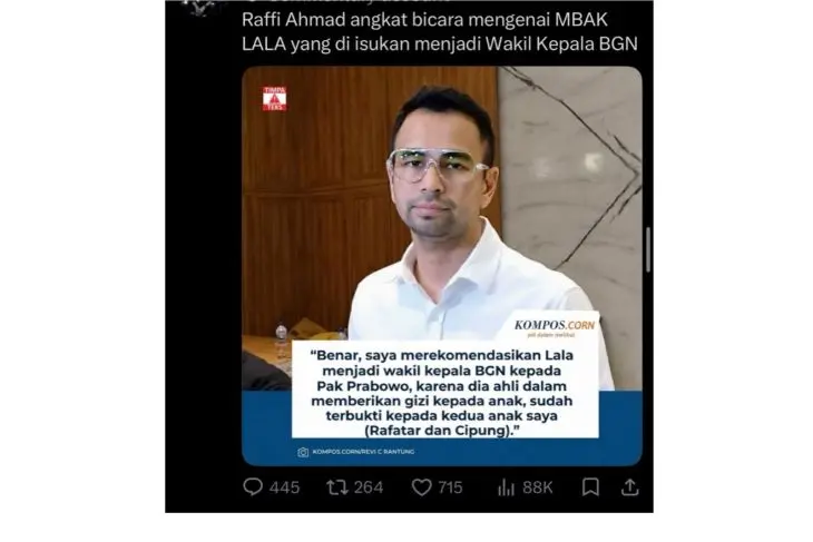 [SALAH] Hoaks! Raffi Ahmad akui rekomendasikan pengasuh anaknya, Lala menjadi wakil kepala BGN