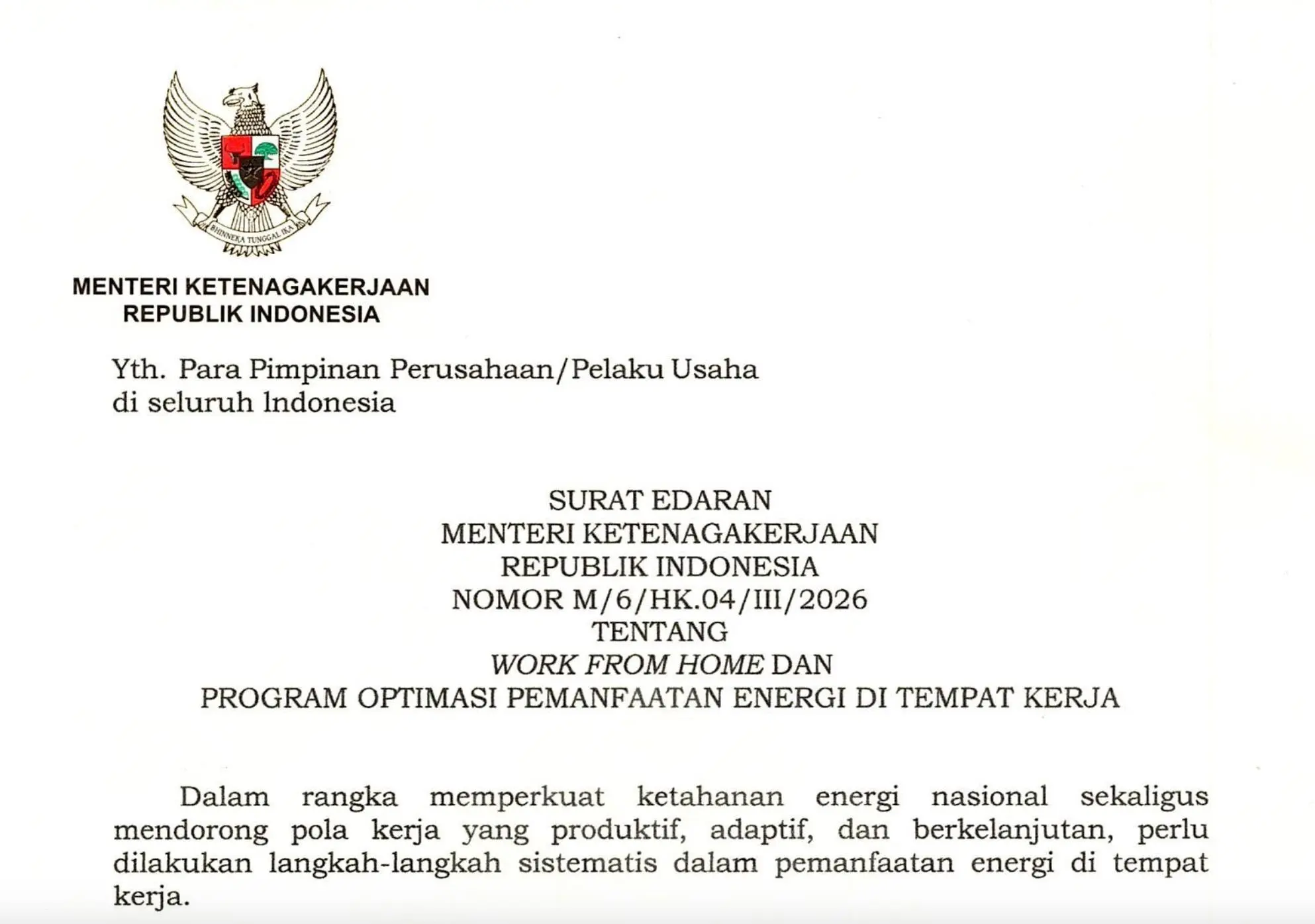 Inilah Edaran Menaker tentang WFH dan Optimasi Pemanfaatan Energi di Tempat Kerja