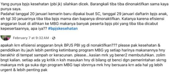 [SALAH] Hoaks! BPJS Kesehatan PBI dicabut karena efisiensi anggaran untuk MBG