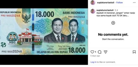 [SALAH] Hoaks! Uang pecahan baru gambar Presiden Prabowo dan Wapres Gibran
